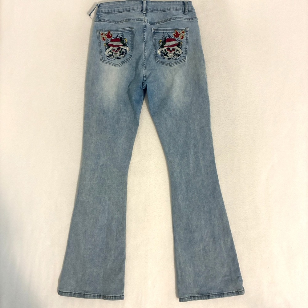 Bamboo Jeans Womens Size 13 Wide Leg Embroidered ‎ Skull Flames Hardy Festival